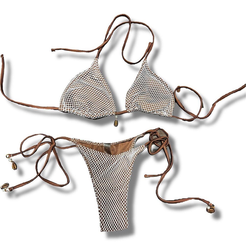 Bikini Set Womens Size S Brown Fishnet Triangle Top Thong